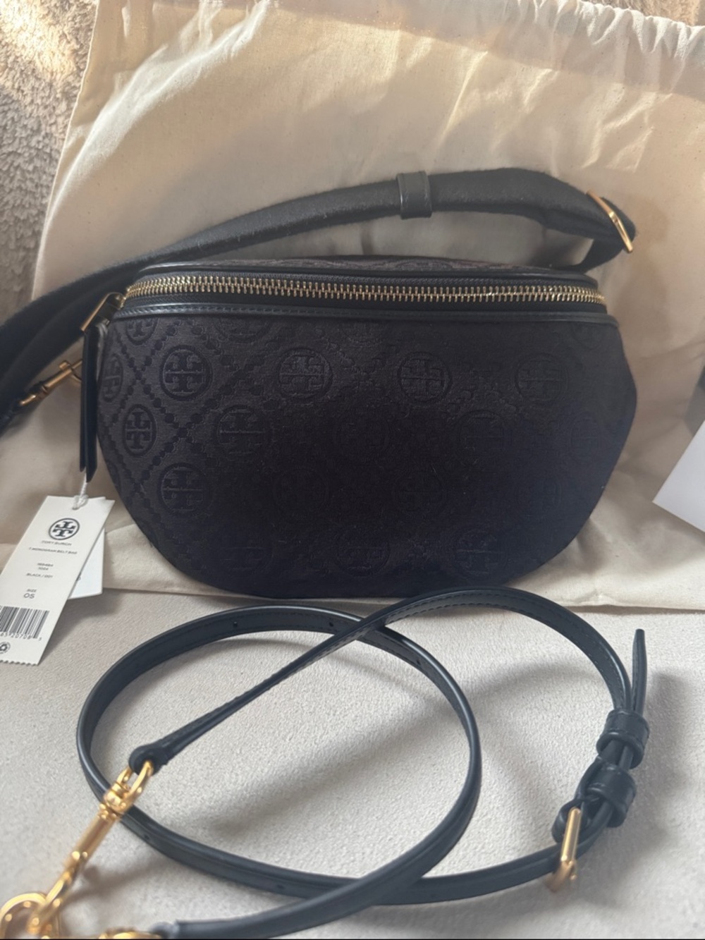 Tory Burch Black Logo-Embossed Crossbody Belt Bag with Gold Hardware
